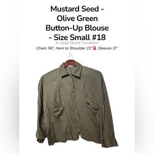 Mustard Seed Olive Green Button-Up Blouse Small Casual Pocket Top